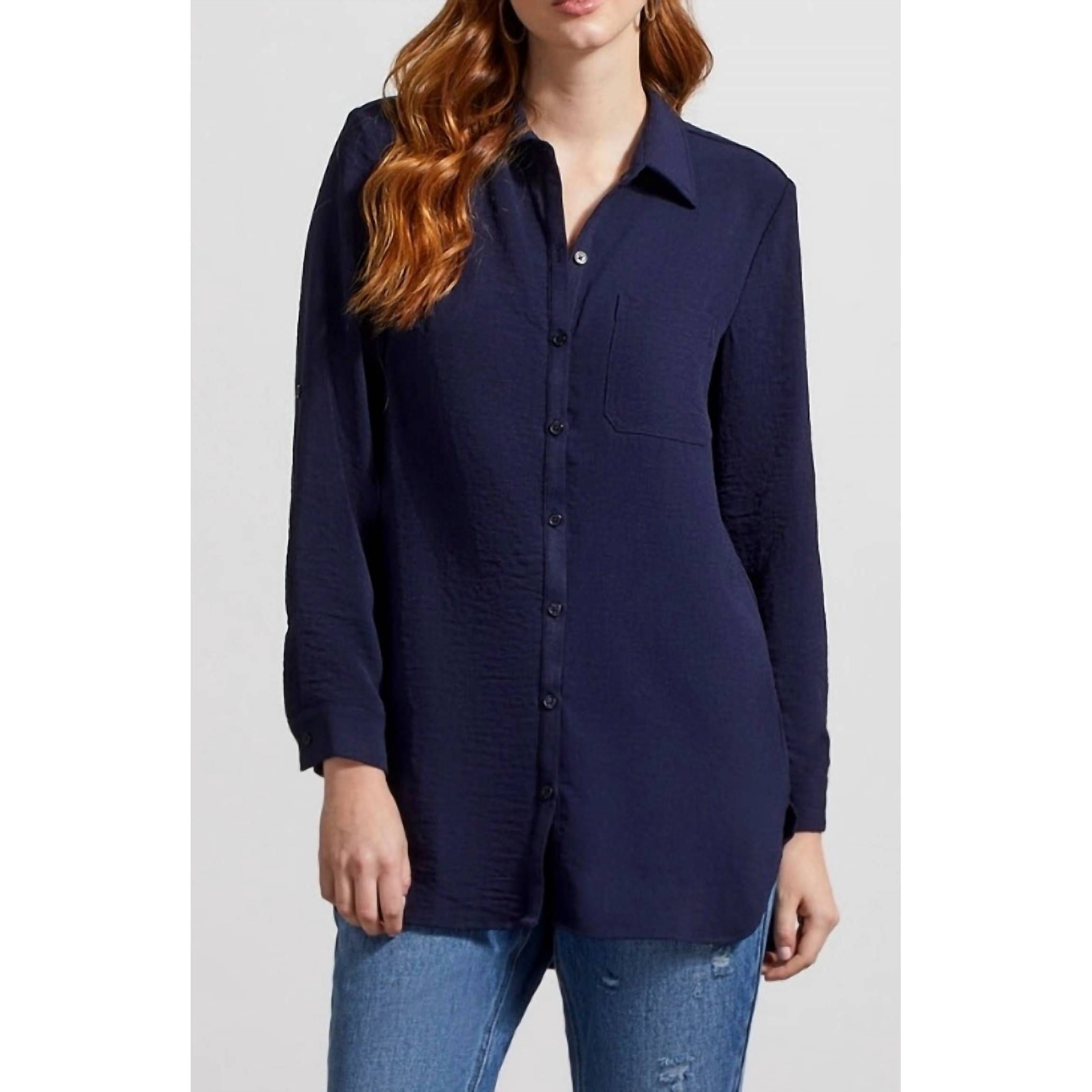 New Tribal Pebbled Crepe Roll Sleeve Tunic In Nightfall